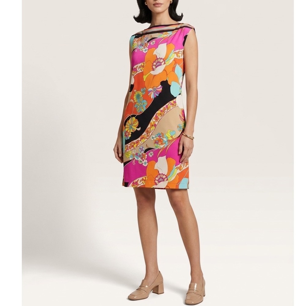 Trina Turk Floral Psychedelic Mod Sheath Dress Multi-Color Sleeveless Size 6